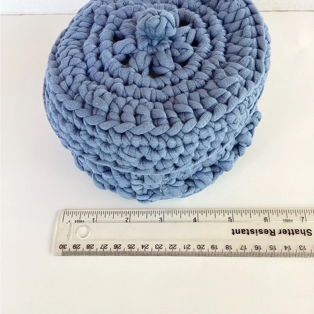 Bowl Lidded Hand Crafted Container Crochet Cotton Denim Blue Boho